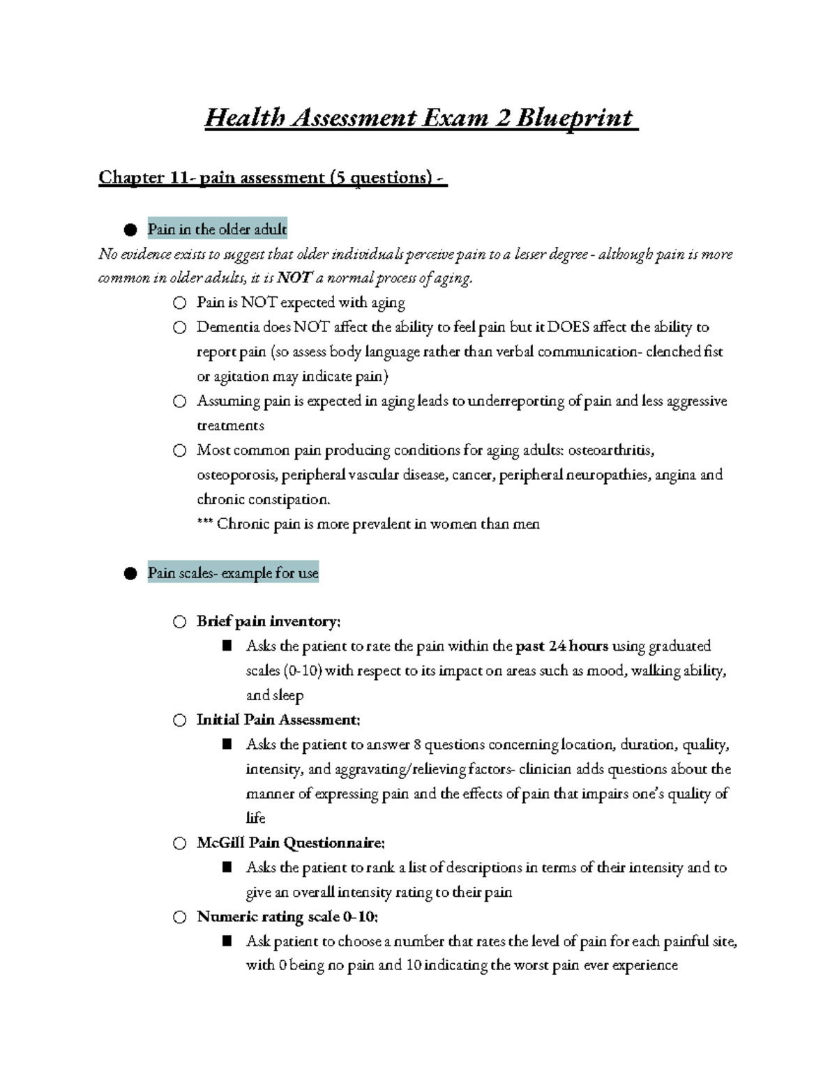 Heath Assessment Exam 2 Blueprint - Health Assessment Exam 2 Blueprint ...