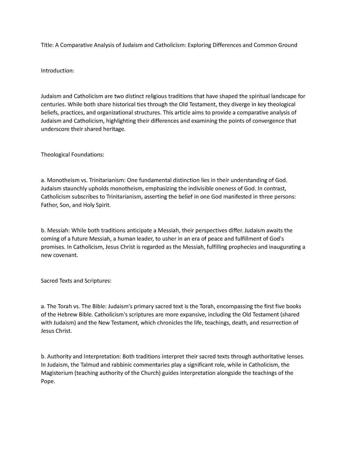 Judaism vs Catholism - Title: A Comparative Analysis of Judaism and