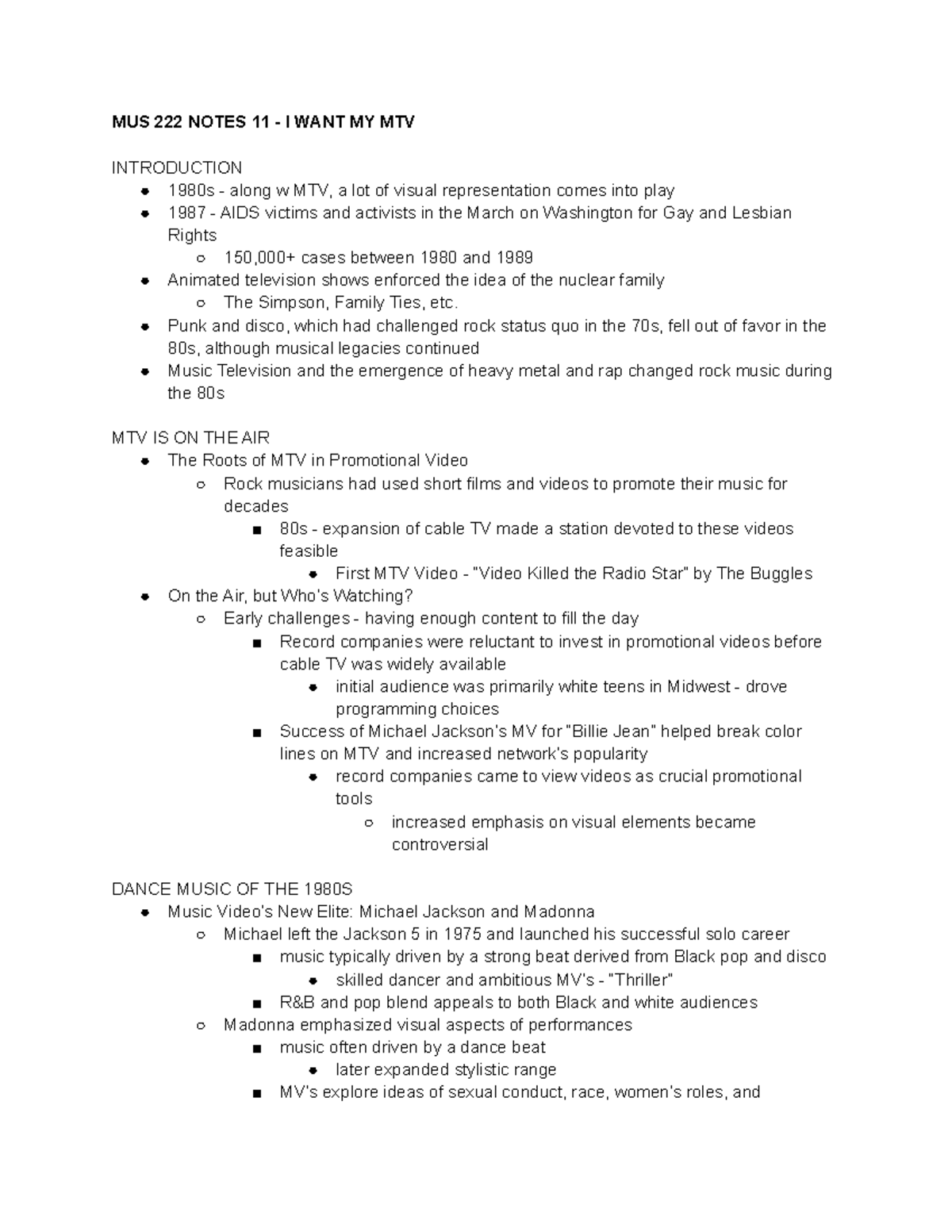 MUS 222 Notes 11 - I WANT MY MTV - MUS 222 NOTES 11 - I WANT MY MTV ...