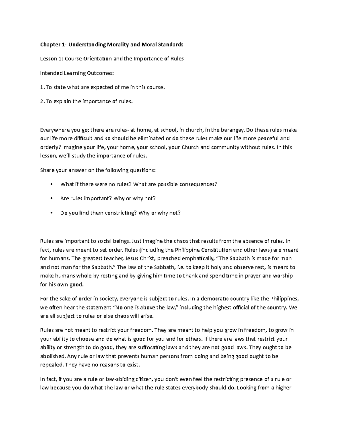 Lesson 1 discussion notes Chapter 1 Understanding Morality and Moral