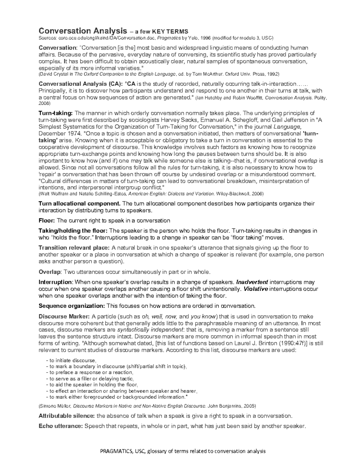 3a-Conversation Analysis - a few key terms - PRAGMATICS, USC, glossary ...