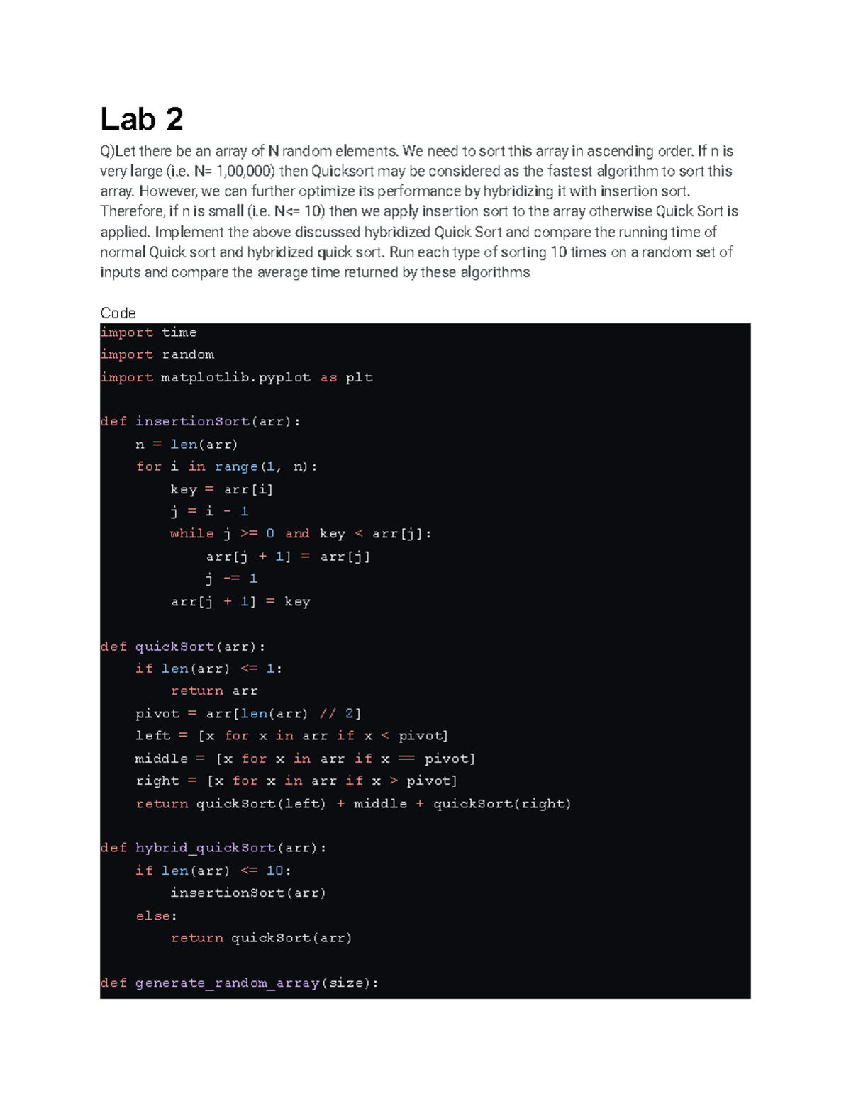 Ada lab 2 with code and graph in python - Lab 2 Q)Let there be an array ...