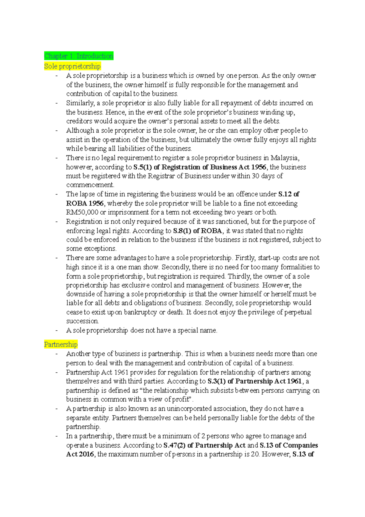 Commercial law notes Chapter 1 - Chapter 1: Introduction Sole ...
