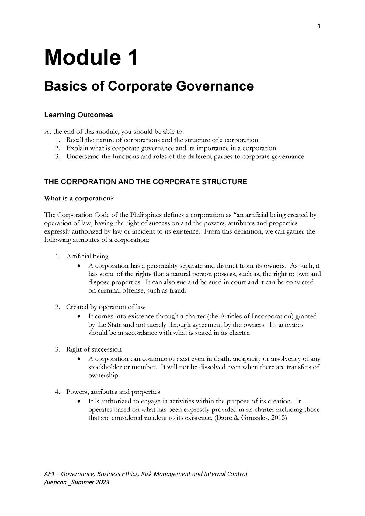 Module 1 Basics Of Corporate Governance - AE1 – Governance, Business ...