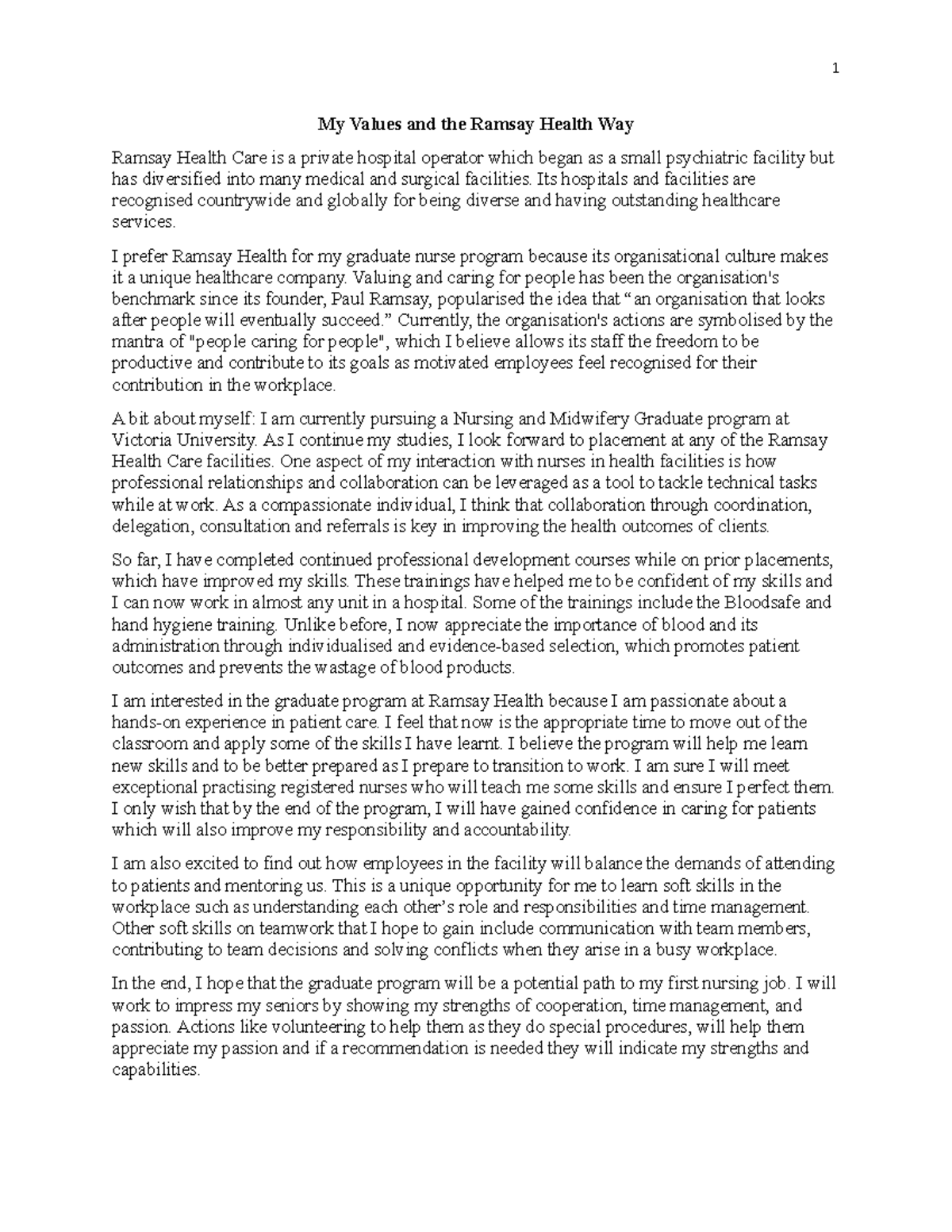 Ramsay Health - academic work - 1 My Values and the Ramsay Health Way ...