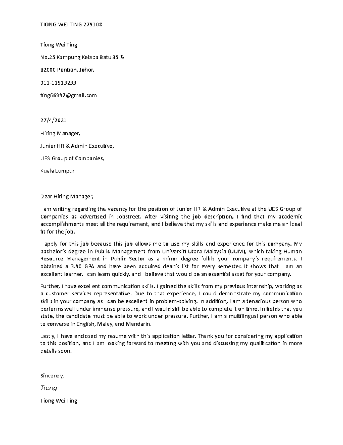 cover letter assesment - TIONG WEI TING 279108 Tiong Wei Ting No ...