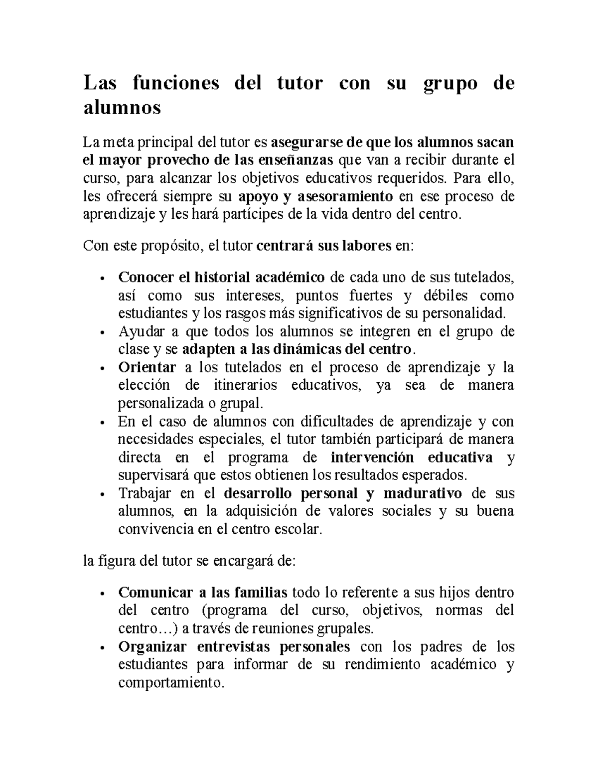 Las funciones del tutor con su grupo de alumnos - Para ello, les ...