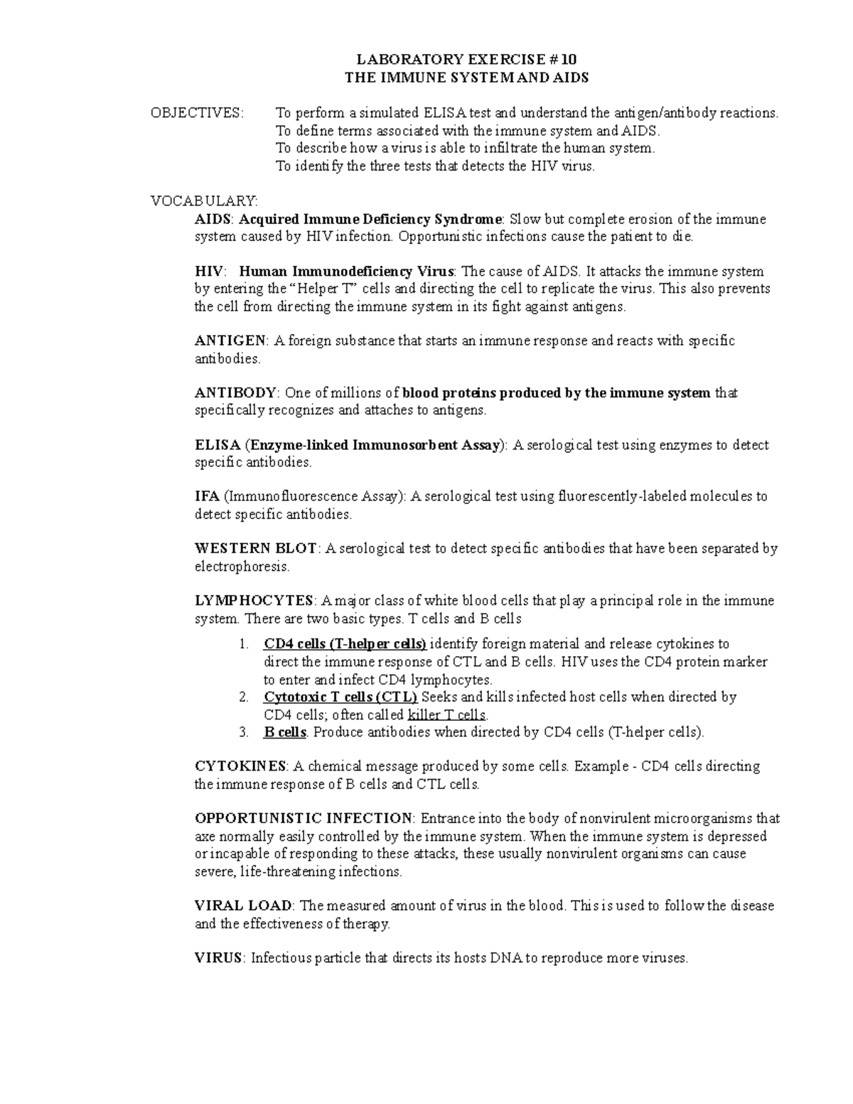 Biol 264 Lab 10 HIV Elisa test - LABORATORY EXERCISE # 10 THE IMMUNE ...