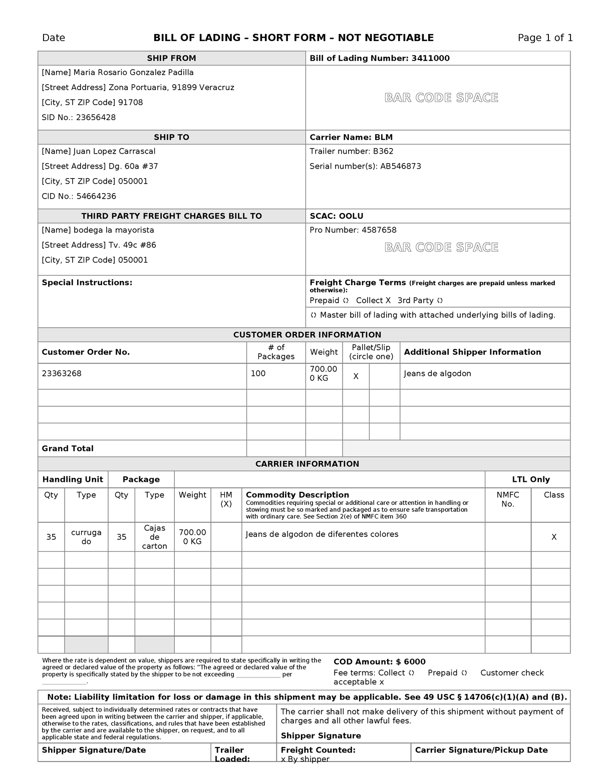 Billoflading - BII - Date BILL OF LADING – SHORT FORM – NOT NEGOTIABLE ...