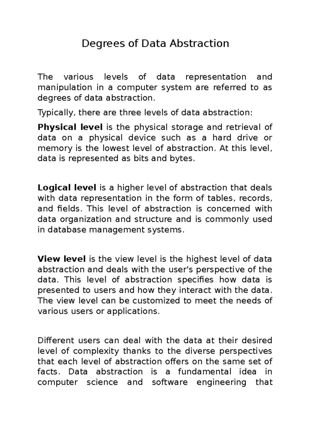 Degrees of Data Abstraction - Typically, there are three levels of data ...