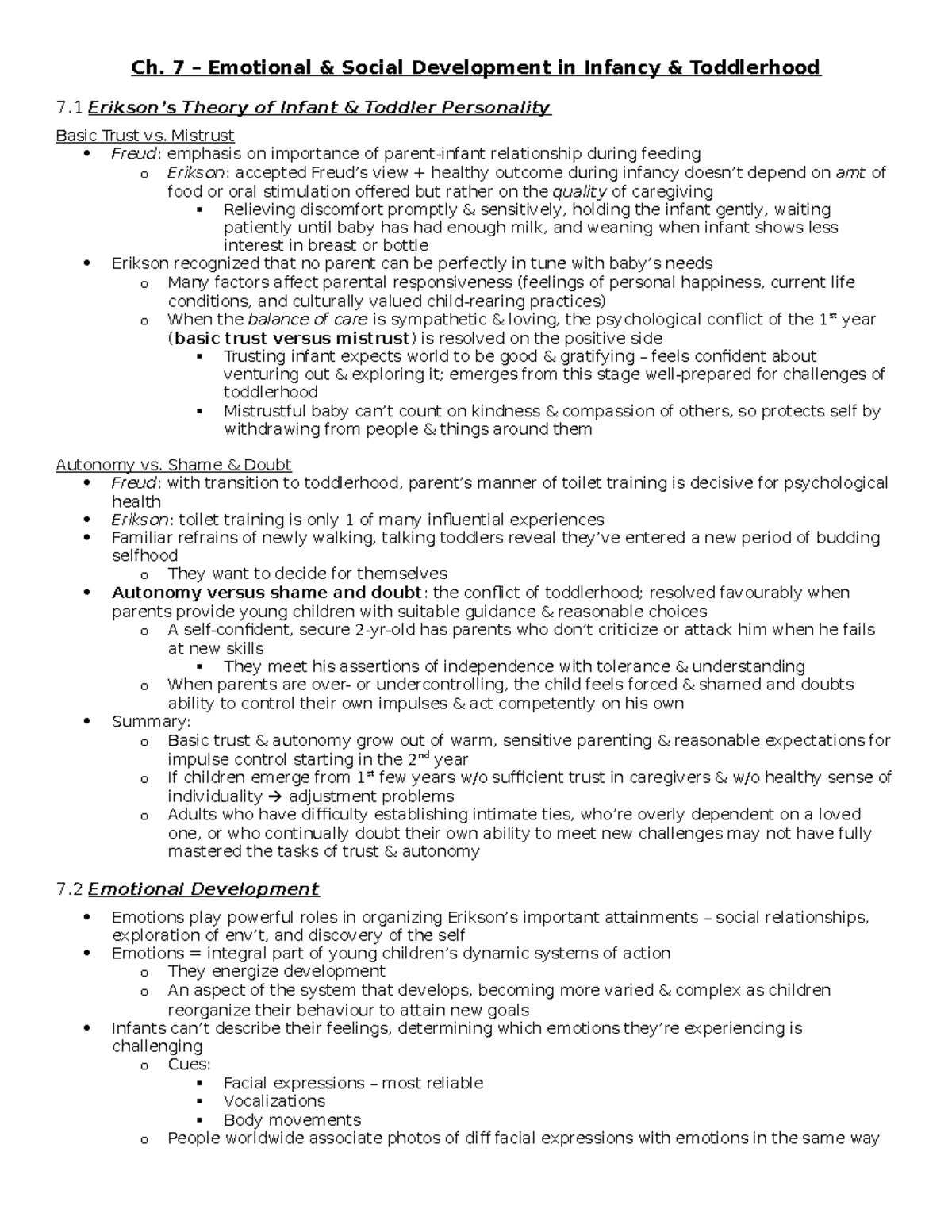 Ch. 7 Notes - Ch. 7 – Emotional & Social Development in Infancy ...