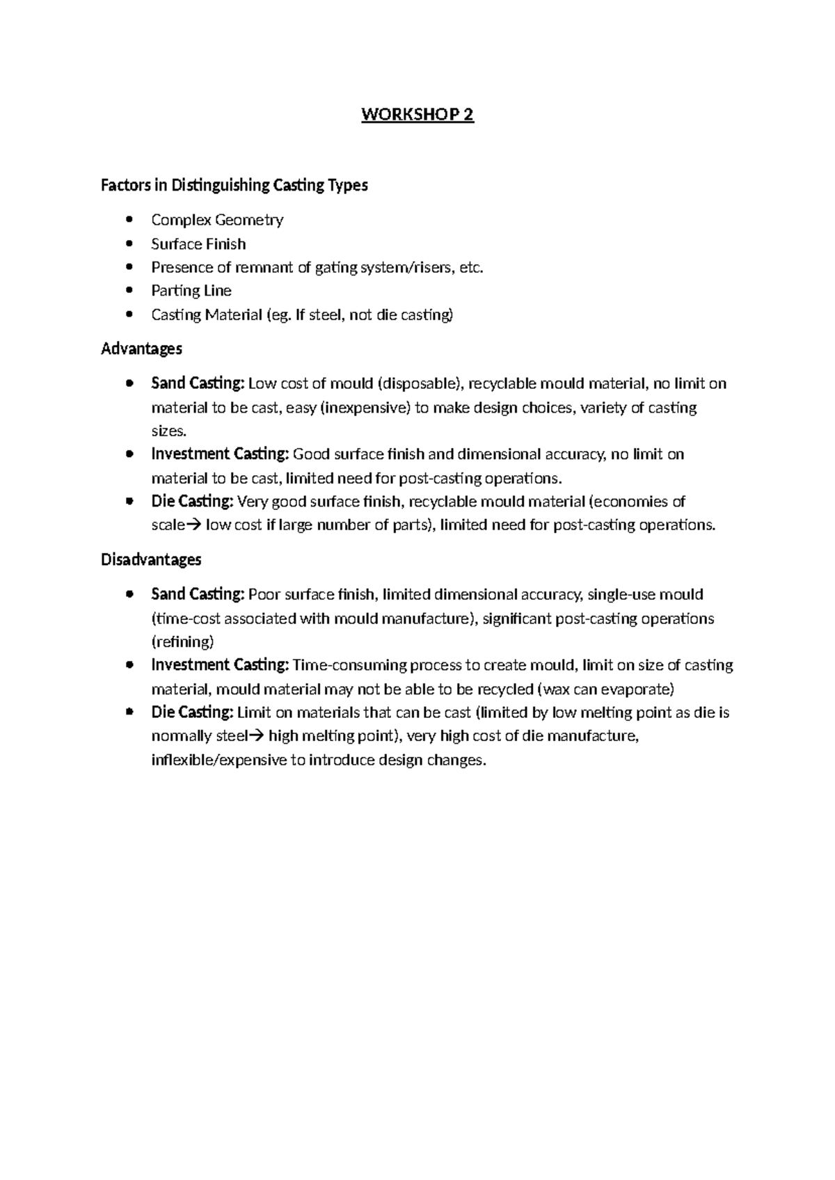 Workshop 2 - WORKSHOP 2 Factors in Distinguishing Casting Types Complex ...