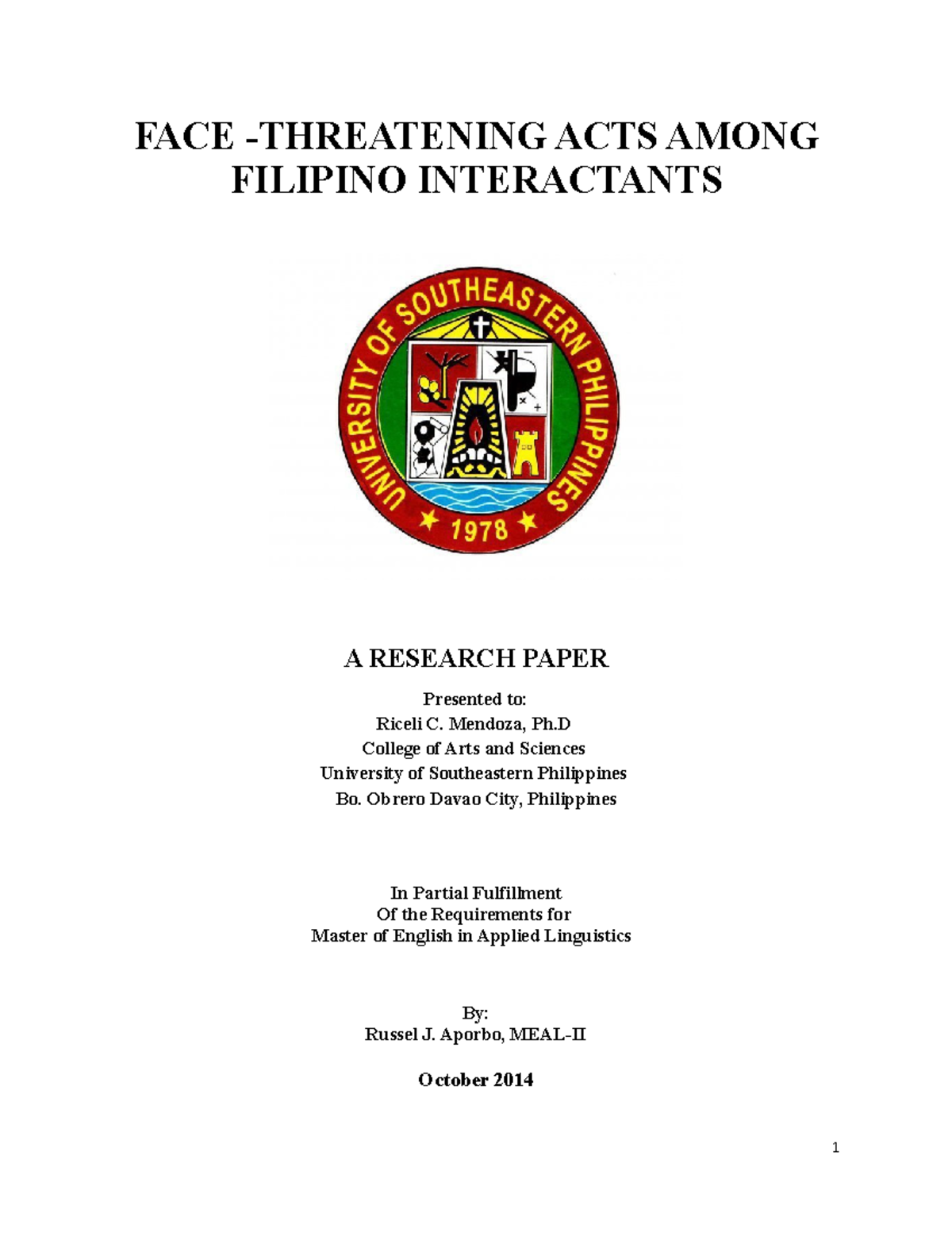 FACE Threatening ACTS Among Filipino In public speeches FACE