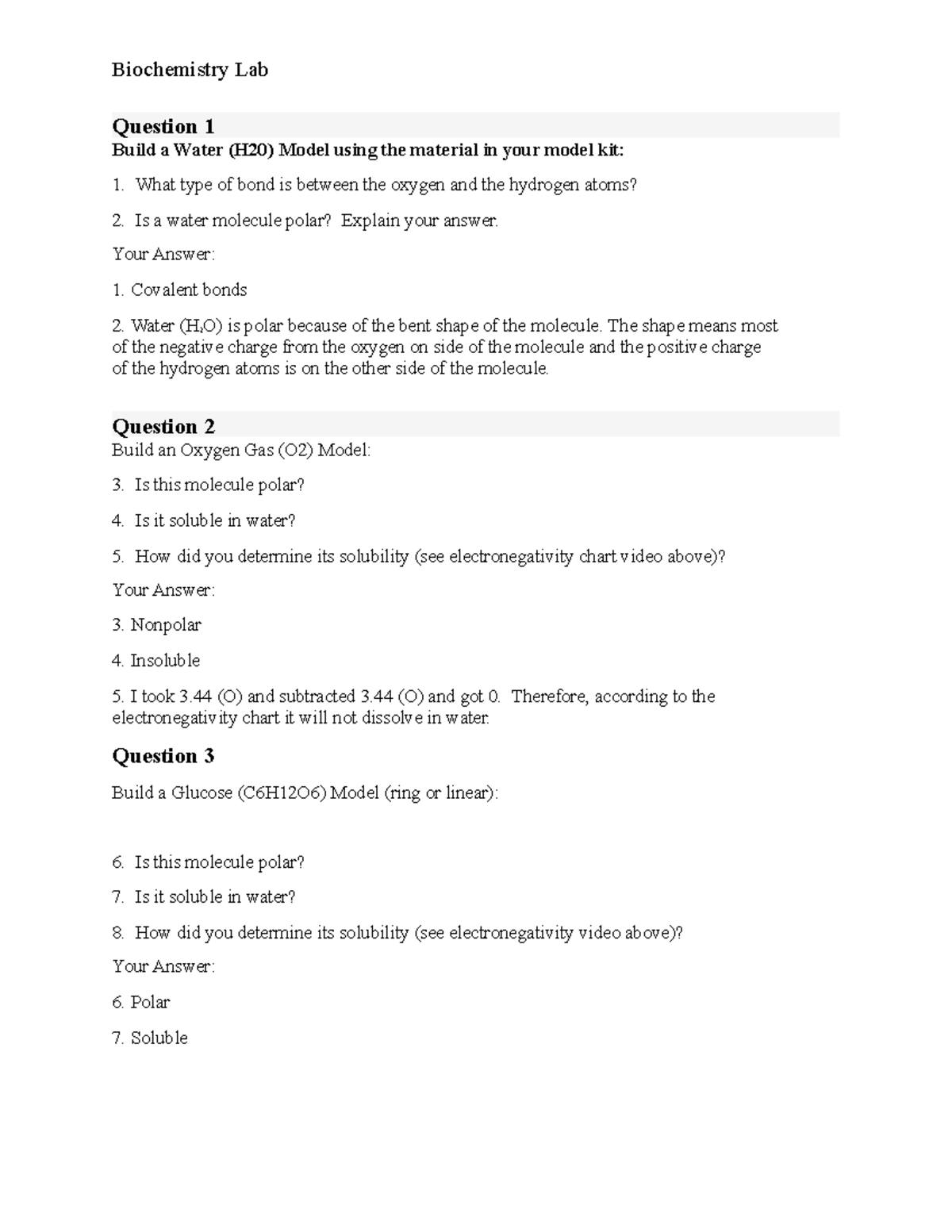 Biochemistry Lab - King - Question 1 Build a Water (H20) Model using ...