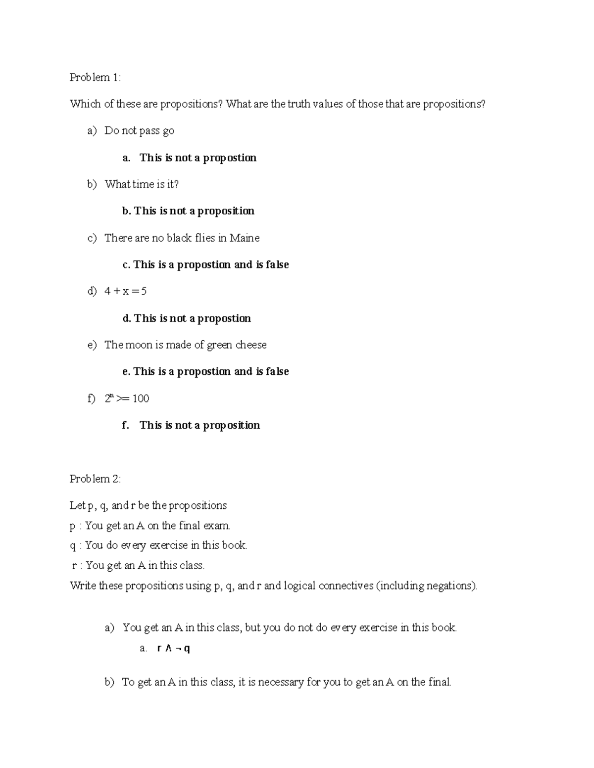 Assignment 1 - Problem 1: Which of these are propositions? What are the ...
