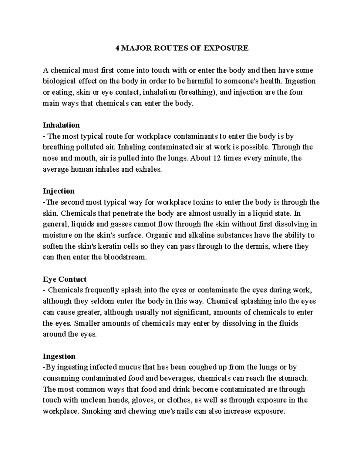 4 Major Routes of Exposure - 4 MAJOR ROUTES OF EXPOSURE A chemical must ...
