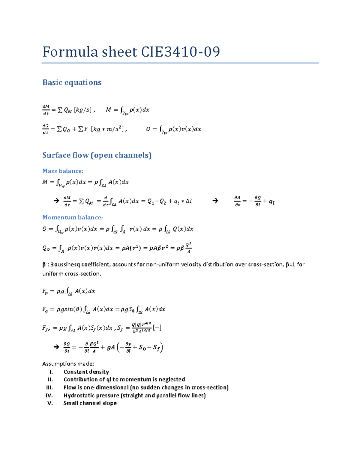 Formula Sheet Watercontrol - Formula sheet CIE3410- 09 Basic equations ...