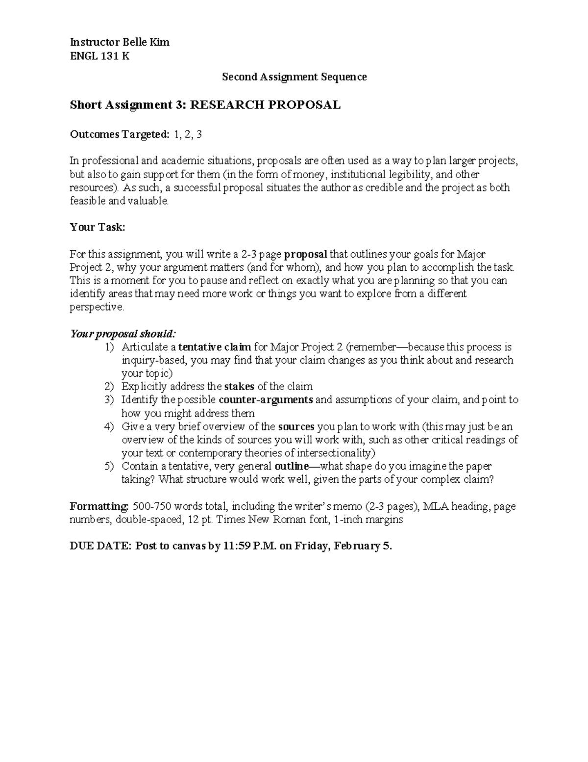 Academic paper sequence - Instructor Belle Kim ENGL 131 K Second ...