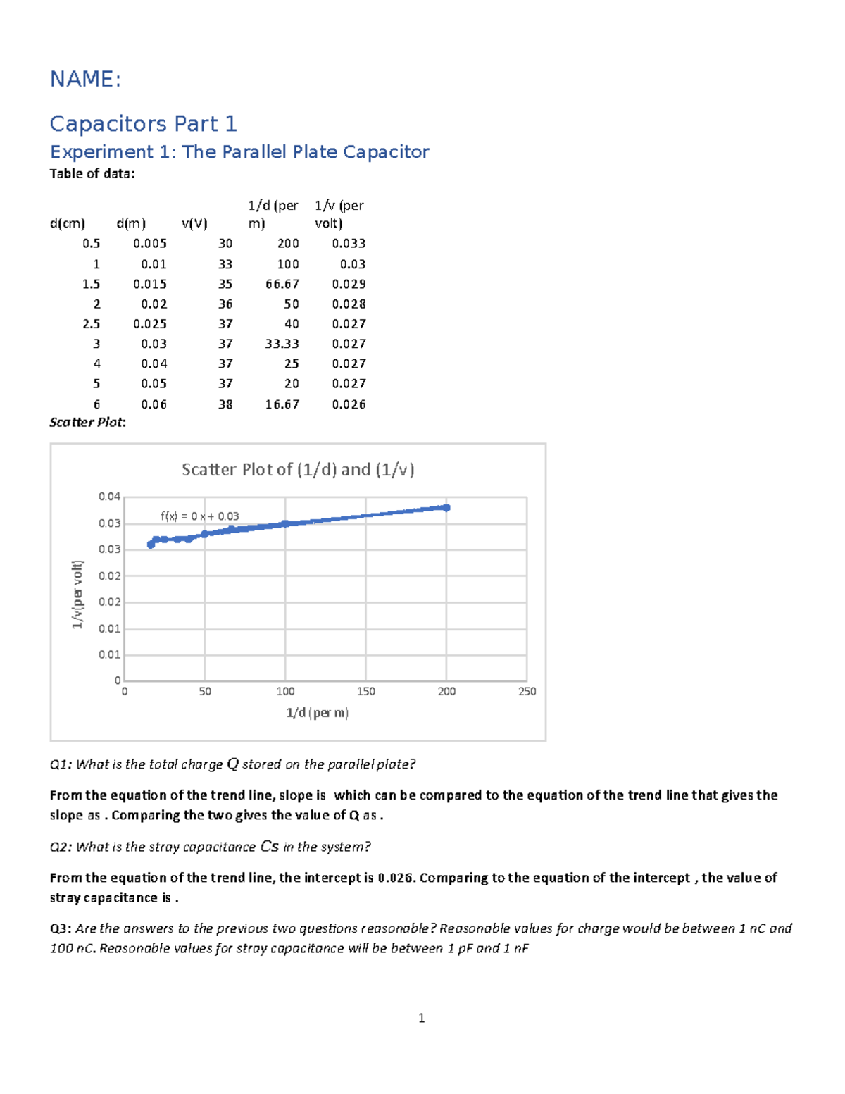 Capacitors Part 1 report NAME Capacitors Part 1 Experiment 1 The