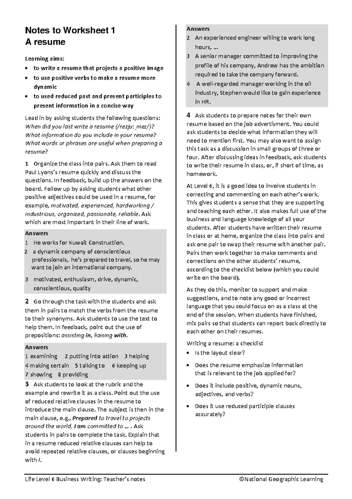 Level 6 Business Writing Teachers Notes - Notes to Worksheet 1 A resume ...