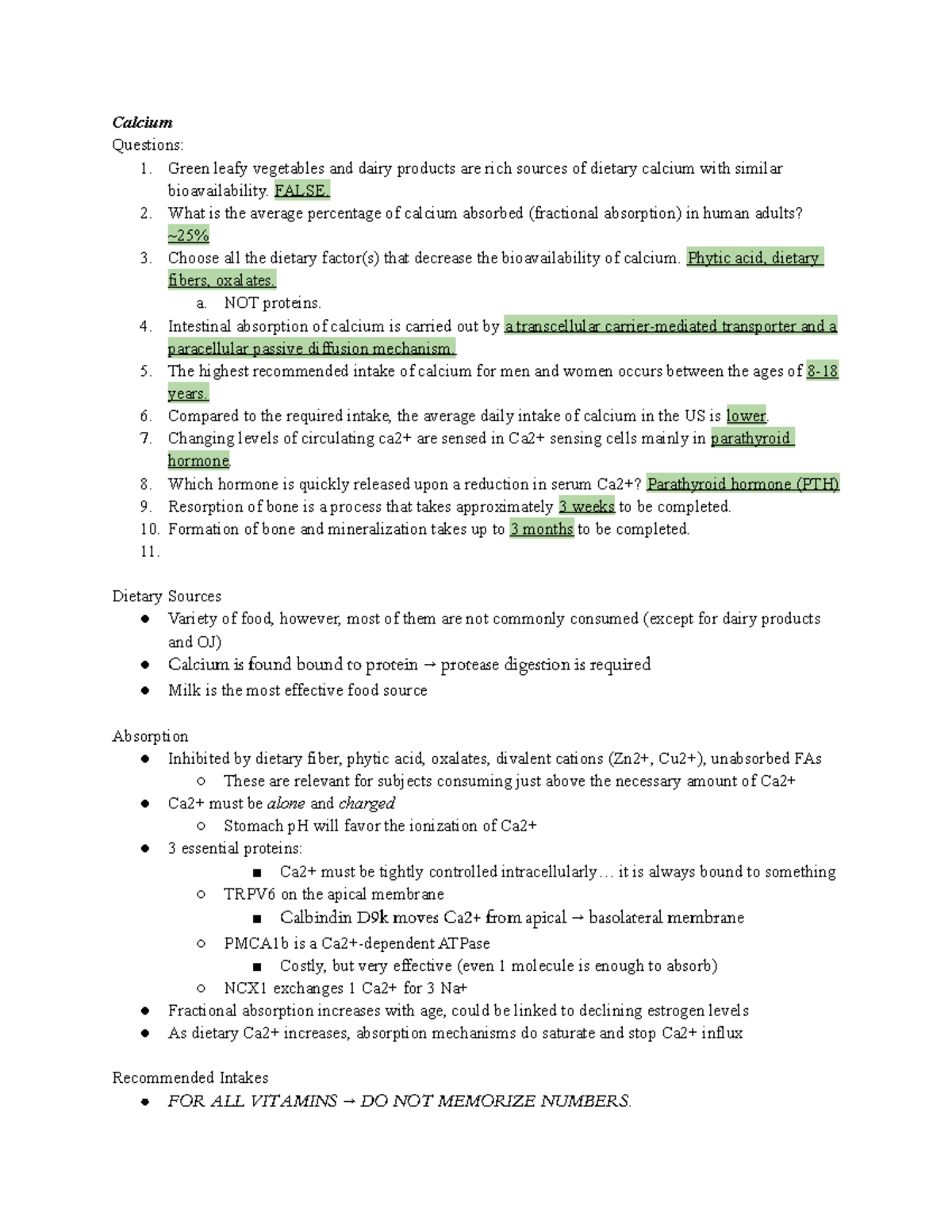 Calcium & Vitamin D Calcium Questions 1. Green leafy vegetables and