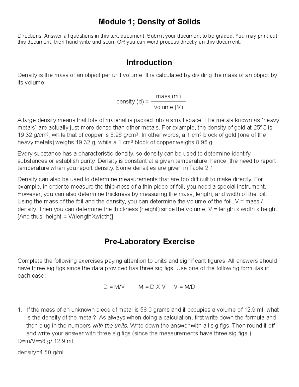M1 edited 3 pdf - chemmm - Module 1; Density of Solids Directions ...