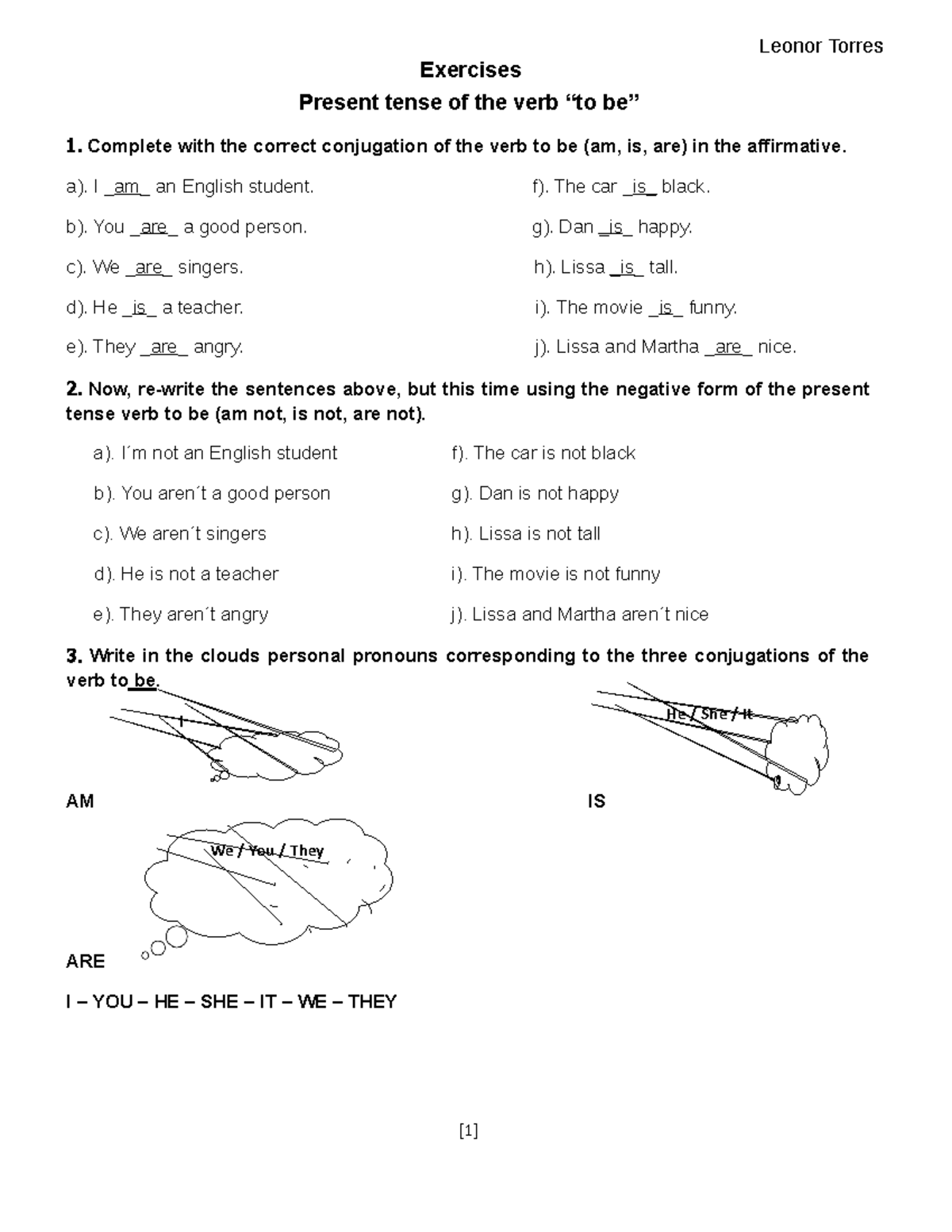 Exercise verb to be (11) - [1] He / She / It We / You / They Leonor ...