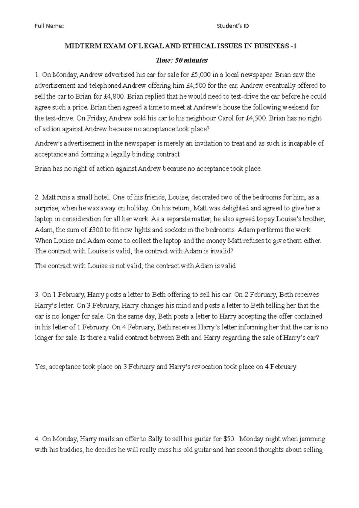 MidtermEXAMOF LegalAND Ethical IssuesIN Business2018 Full