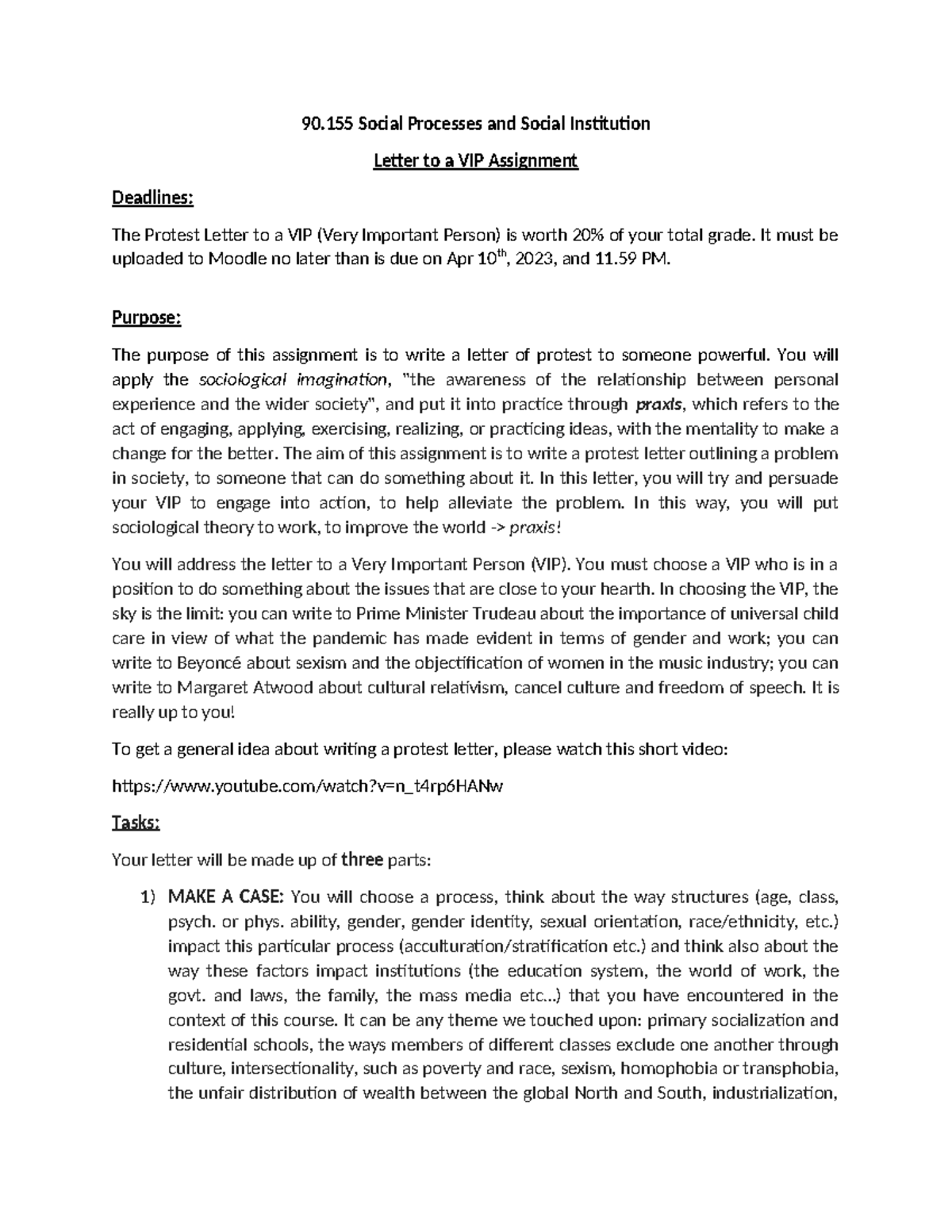 155 Rubric Letter to a VIP assignment - 90 Social Processes and Social ...