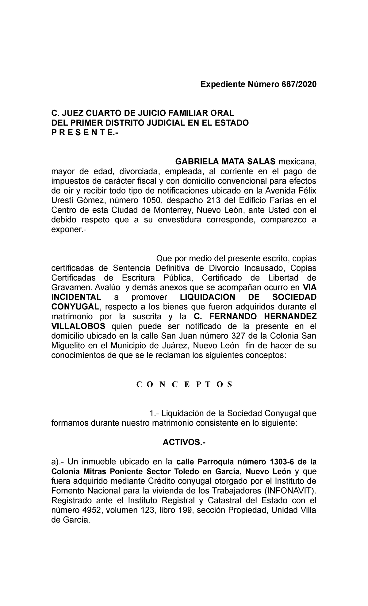 Incidente Liquidacion GABY Salas - Expediente Número 667/ C. JUEZ CUARTO DE  JUICIO FAMILIAR ORAL DEL - Studocu