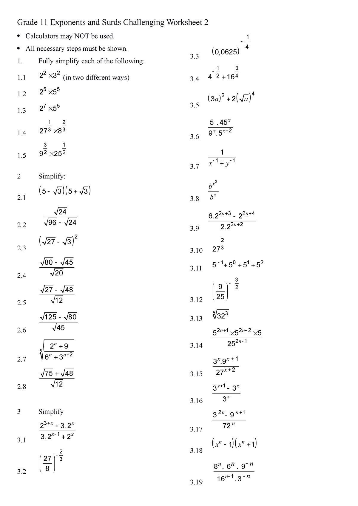 Exponentsand Surds CW 2 - Grade 11 Exponents and Surds Challenging ...