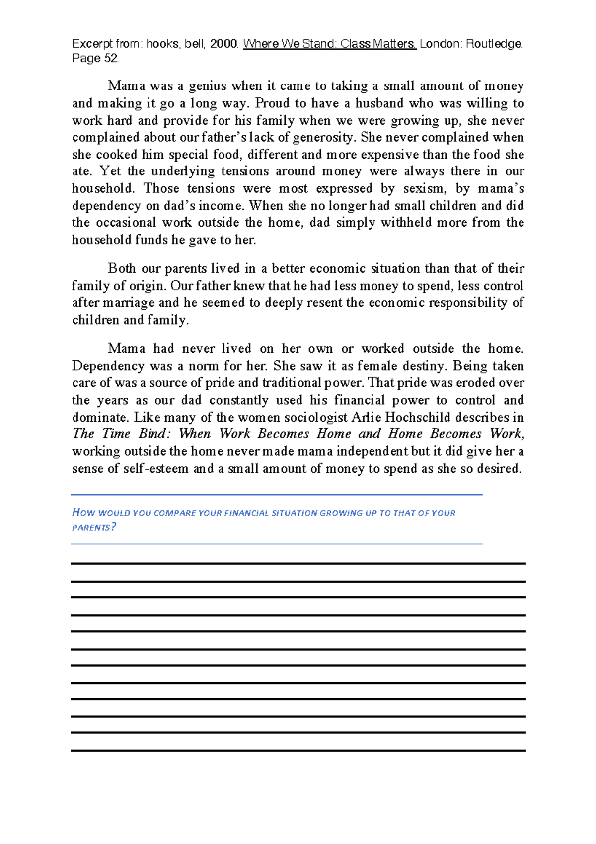 Hooks WWS Worksheet Thrift Money reflection Excerpt from hooks, bell