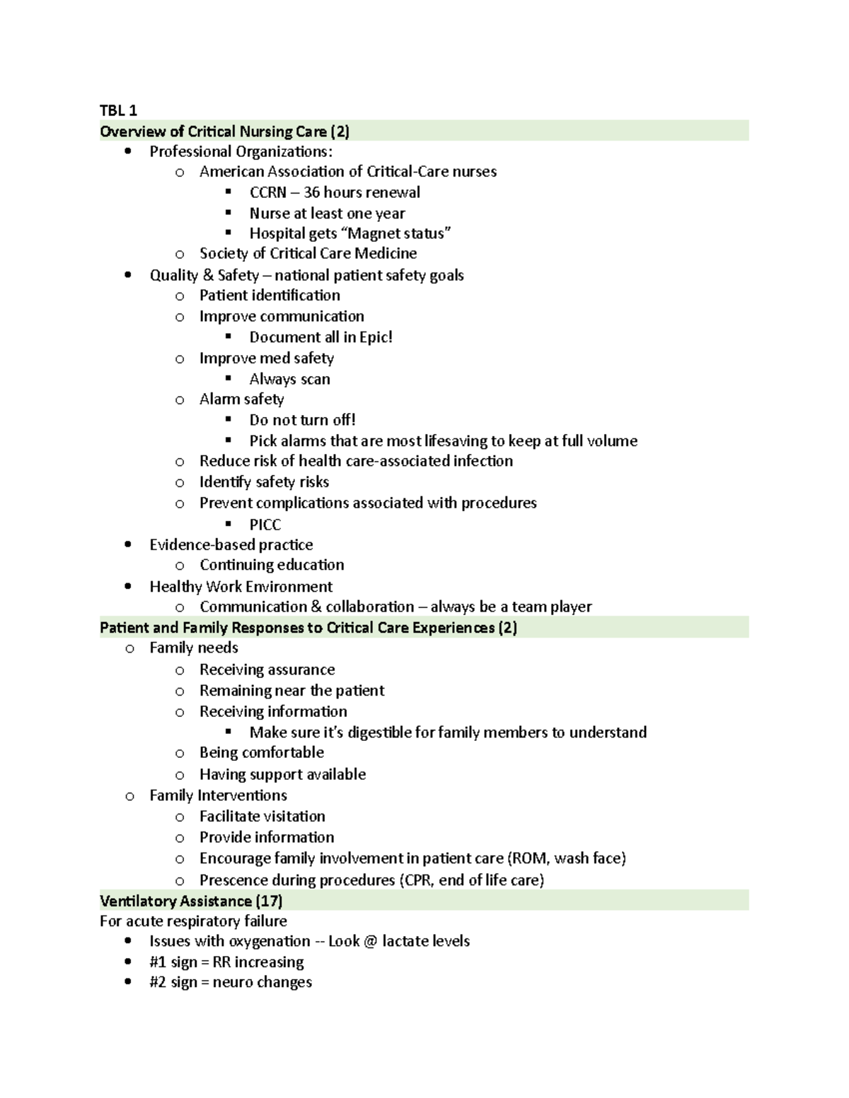 critical care nursing exam 1