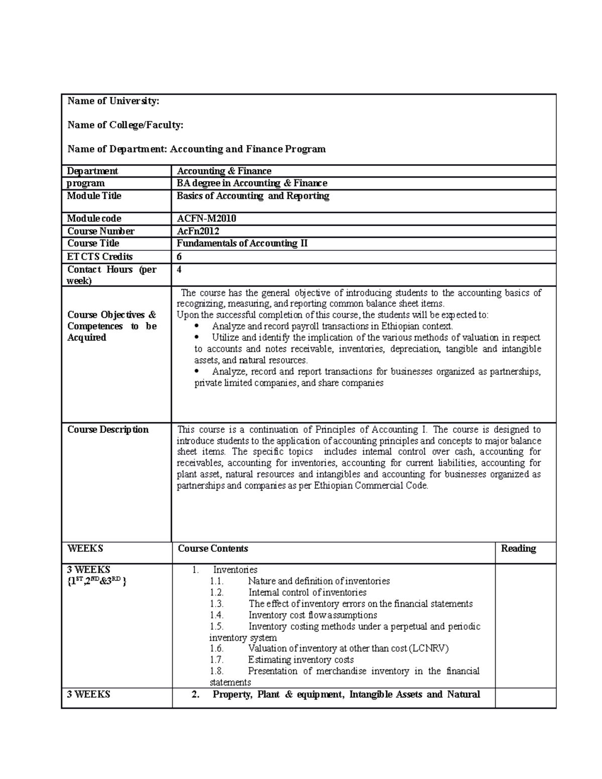 Course out line FA II - read more - Name of University: Name of College ...