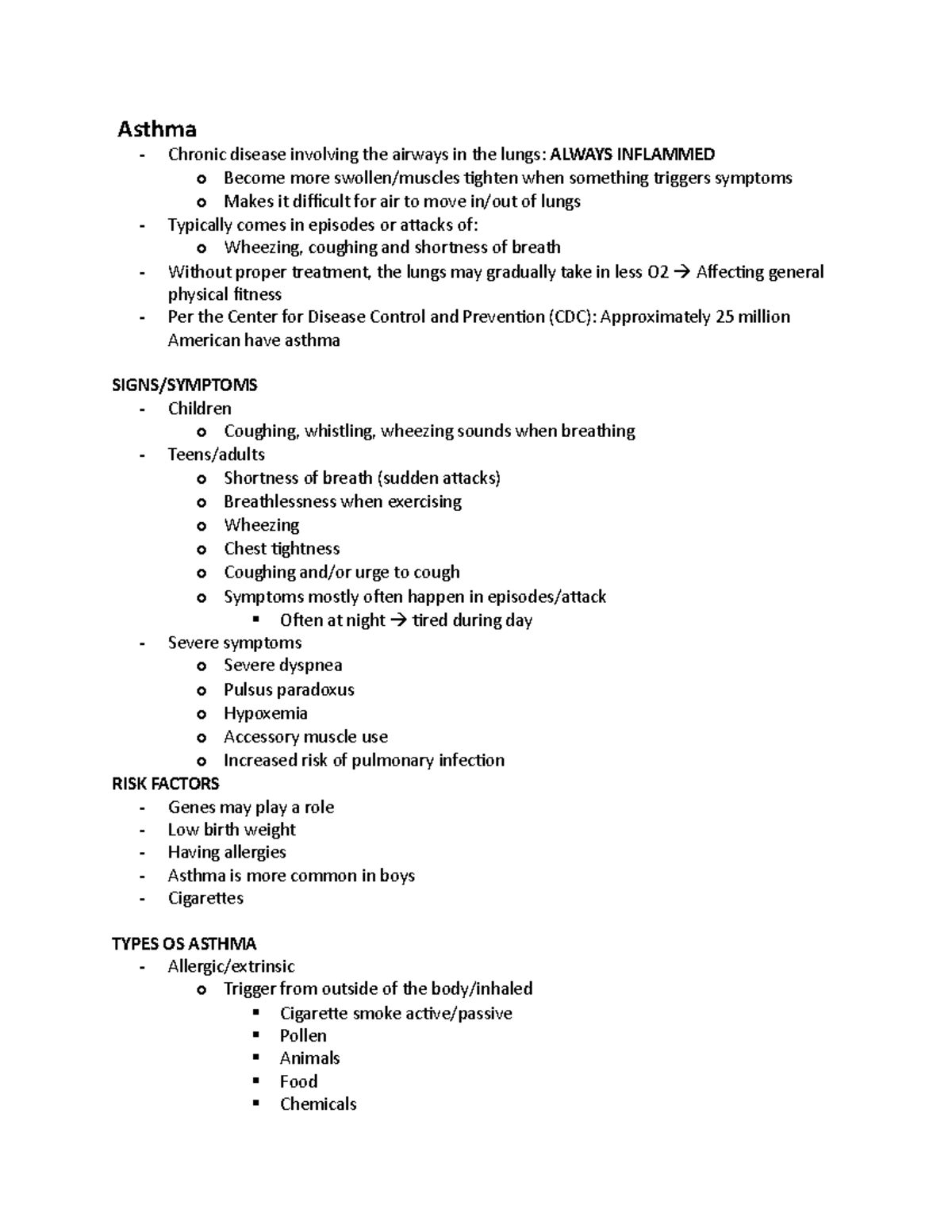 Asthma Notes Summary - Asthma - Chronic disease involving the airways ...