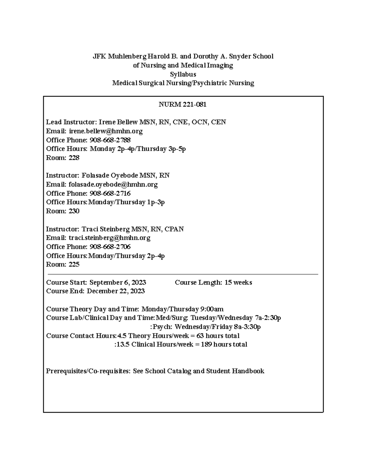 N221-081 Fall 2023 Syllabus - JFK Muhlenberg Harold B. And Dorothy A ...