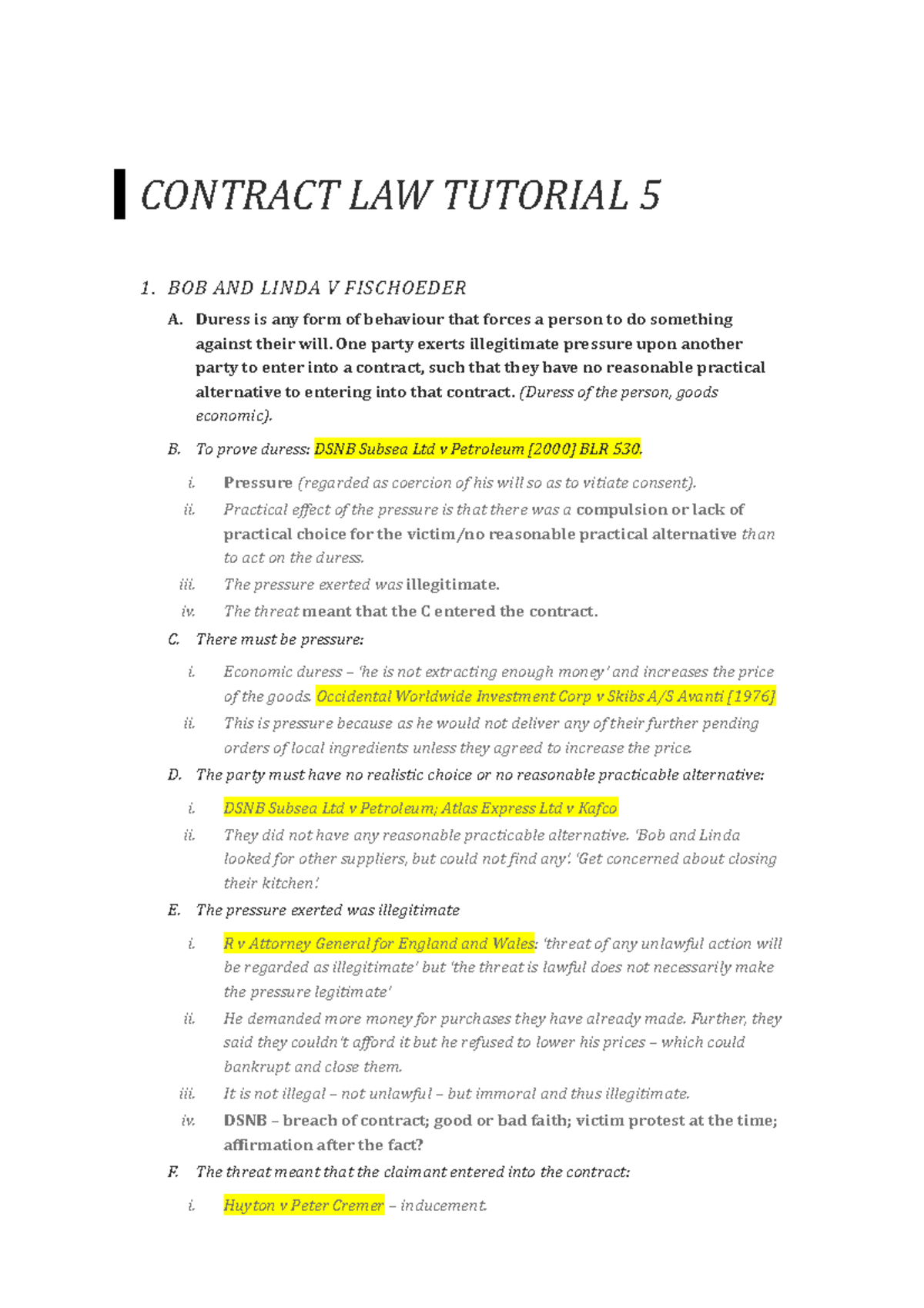 Contract Tutorial 5 - CONTRACT LAW TUTORIAL 5 1. BOB AND LINDA V ...