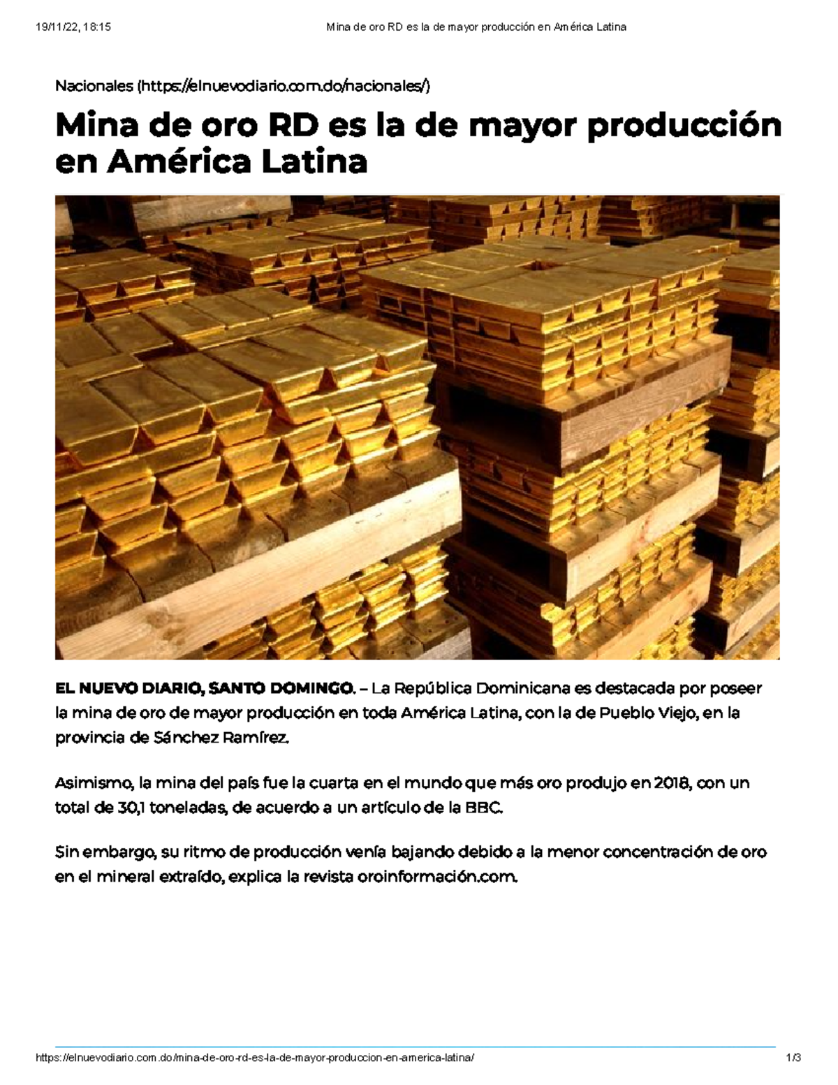 Mina de oro RD es la de mayor producción en América Latina - 19/11/22 ...