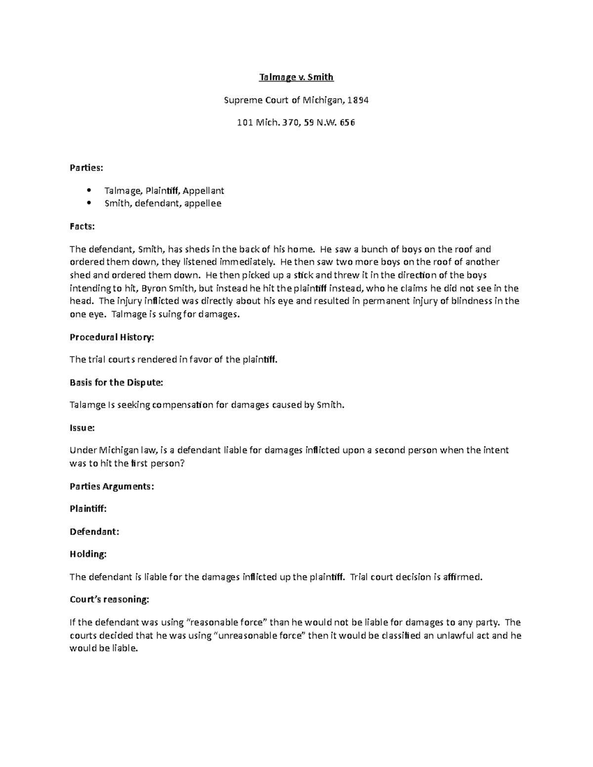 Talmage Case Brief Tort Law 2020 Talmage v. Smith Supreme Court of