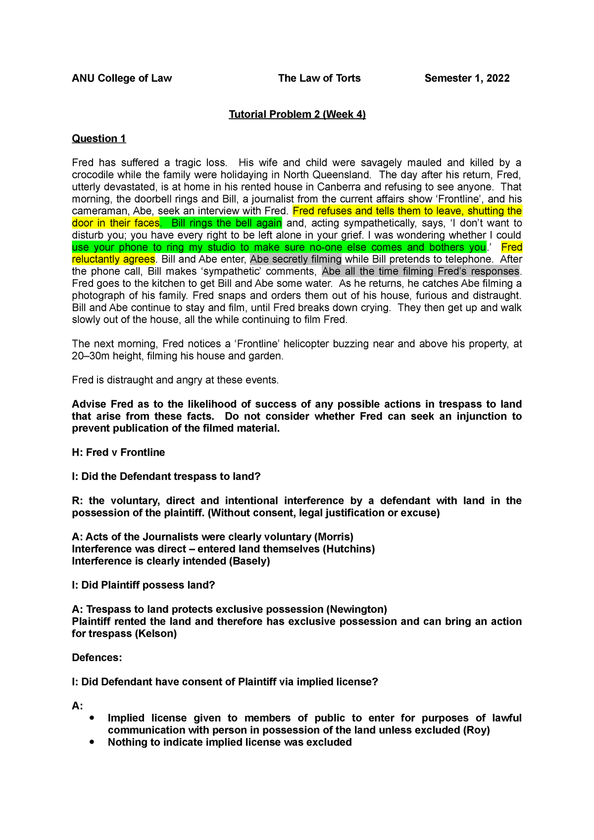 2022 Torts Tutorial 2 Week 4 Anu College Of Law The Law Of Torts Semester 1 2022 Tutorial 1456