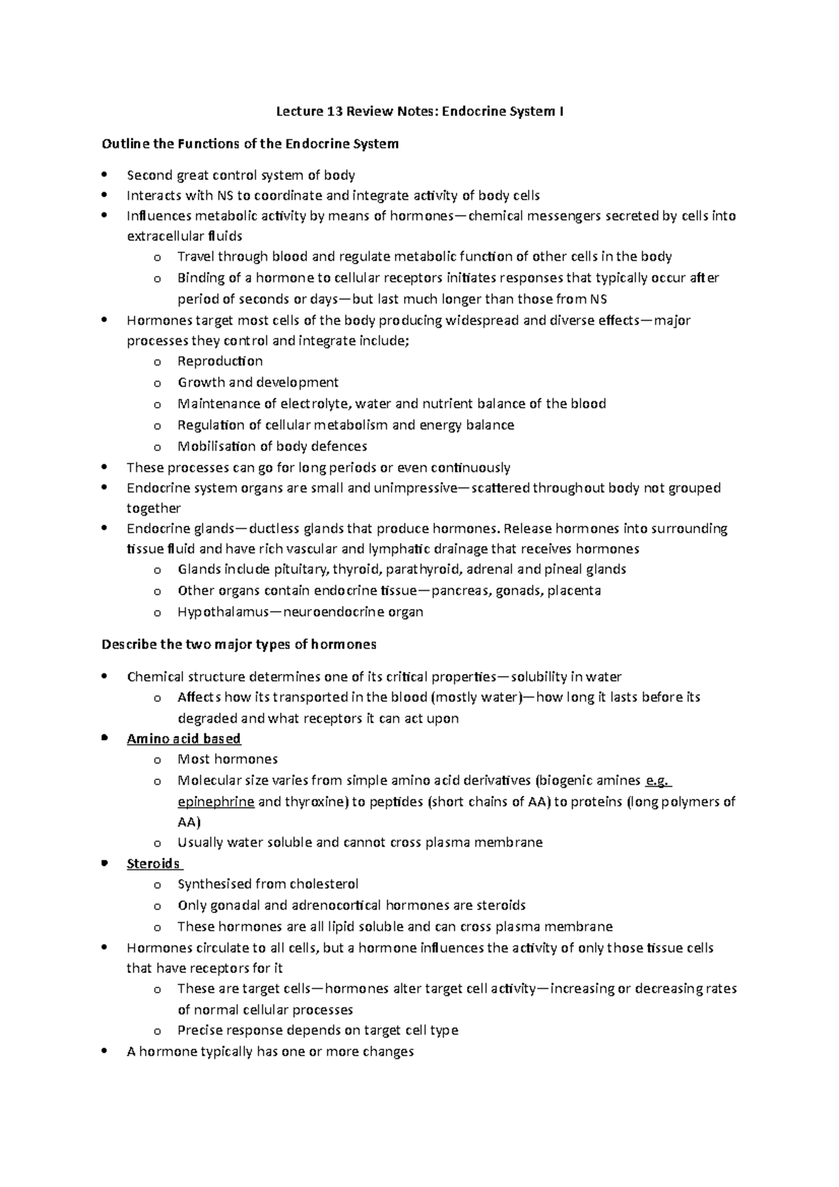 Endocrine 1: Endocrine System - Lecture 13 Review Notes: Endocrine ...