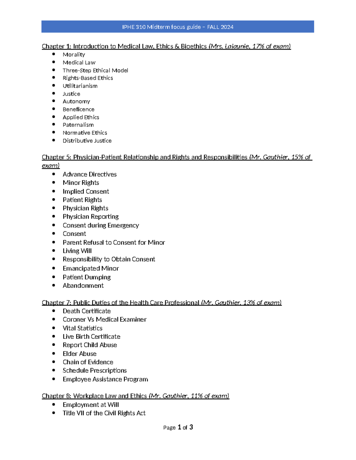 Midterm Focus Guide - Chapter 1: Introduction to Medical Law, Ethics ...
