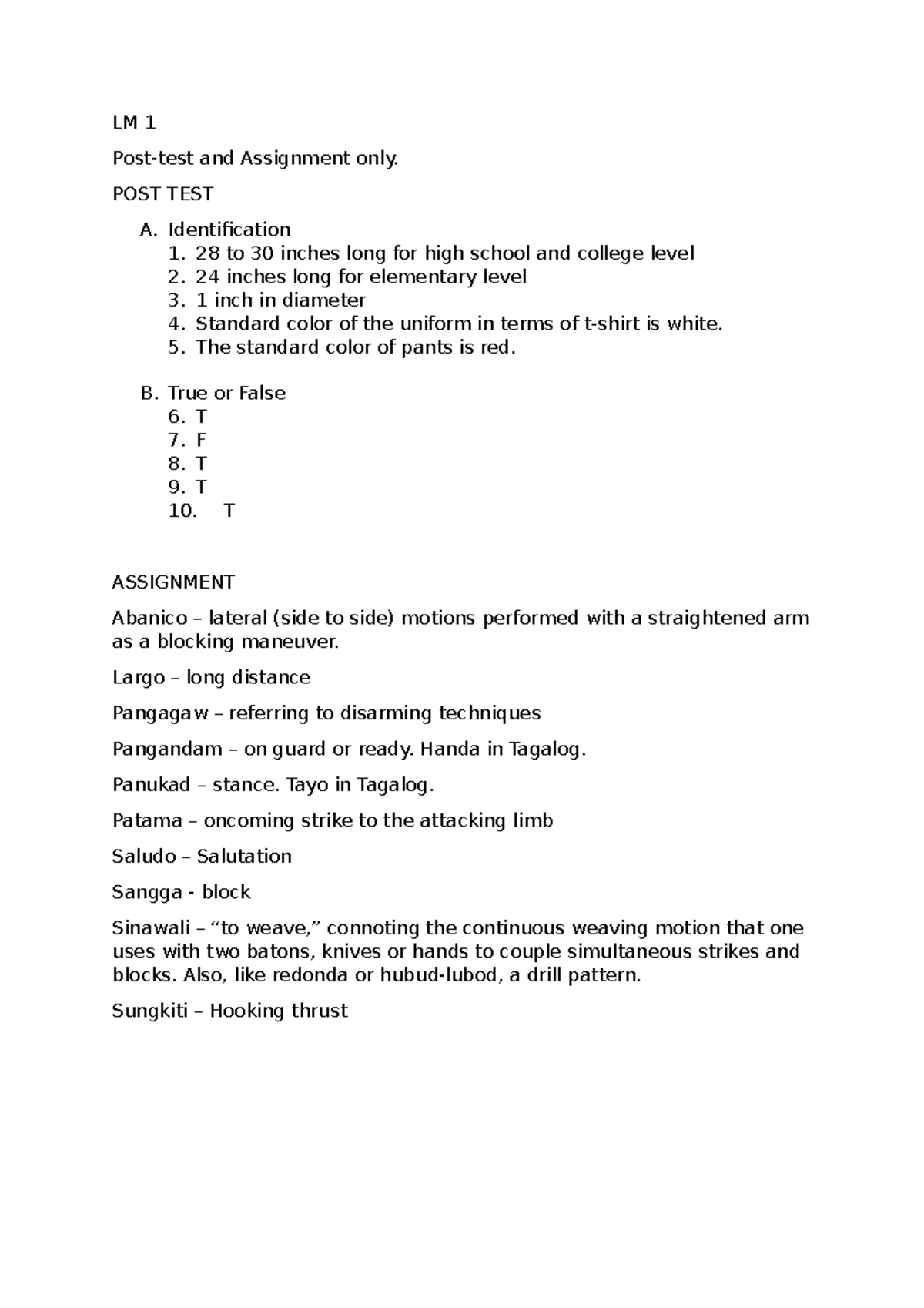 LM1 Self defense - vxcs - LM 1 Post-test and Assignment only. POST TEST ...