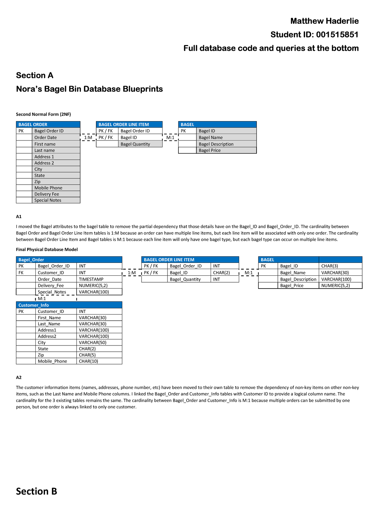 C175 TASK 1 Nora’s Bagel Bin Database Blueprints Matthew Haderlie