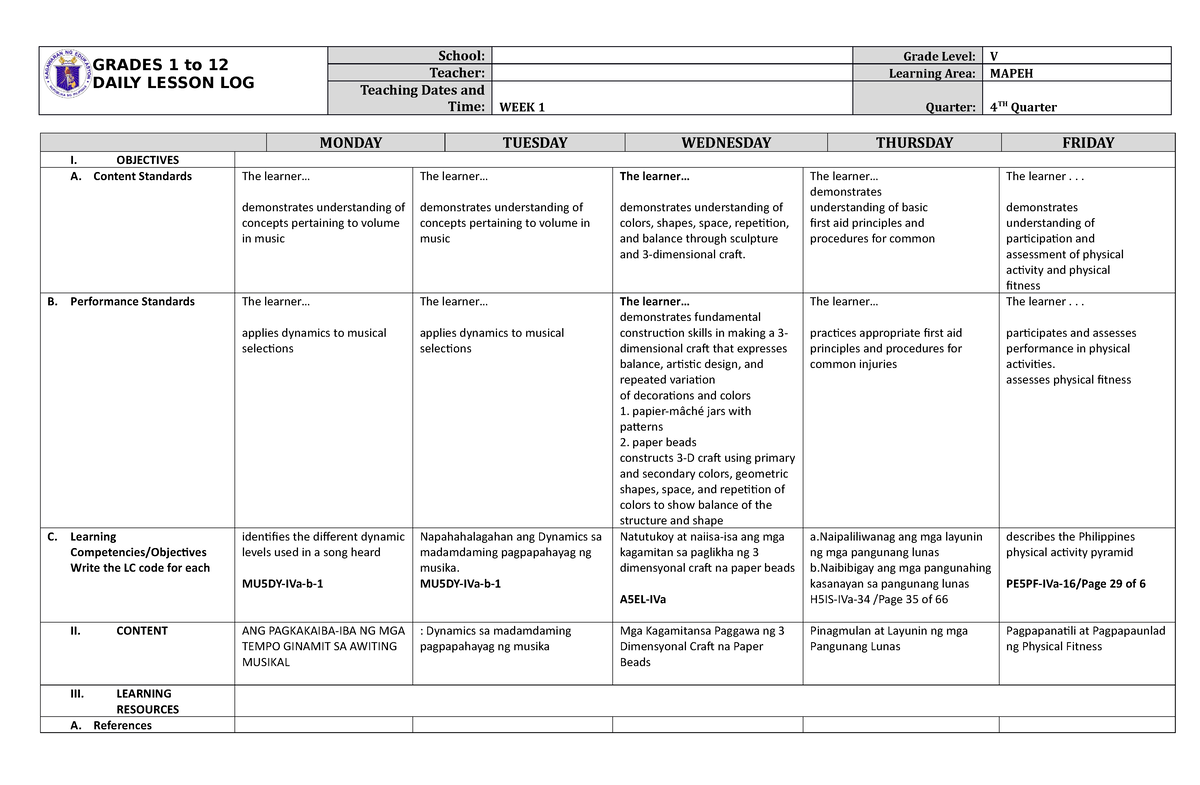 Grade 5 DLL Mapeh 5 Q4 Week 1 - GRADES 1 to 12 DAILY LESSON LOG School ...