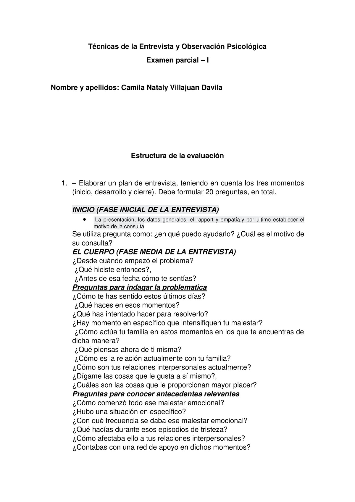 Examen Parcial I Técnicas De La Entrevista Y Observación Psicológica