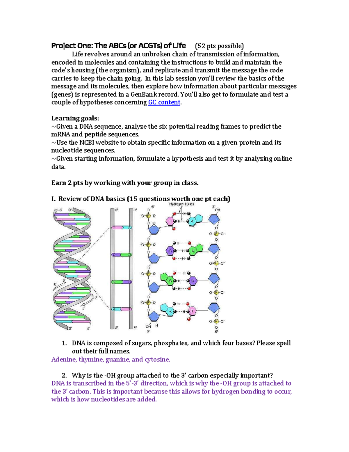 Genetics Lab 1 - Lab - Project One: The ABCs (or ACGTs) Of Life (52 Pts ...