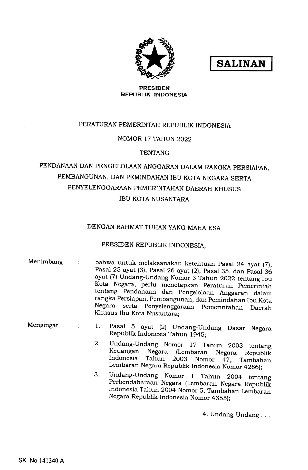 PP Nomor 17 Tahun 2022 - Grade - PRESIDEN REPUBLIK INOONESIA PERATURAN ...