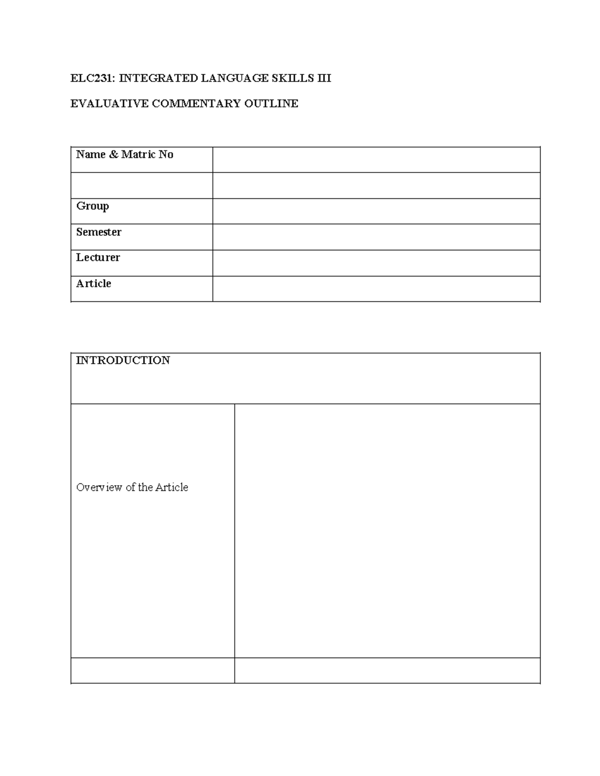 Evaluative Commentary Template - ELC231: INTEGRATED LANGUAGE SKILLS III ...