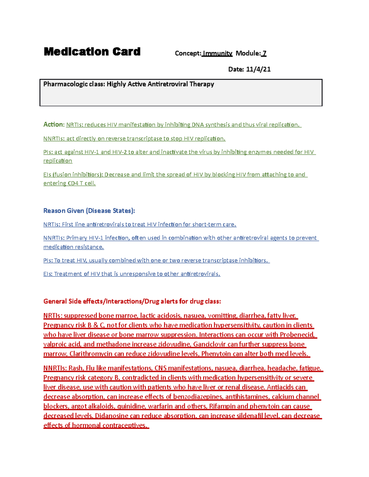 211 mod 7 immunity drug card - Medication Card Concept: Immunity Module ...